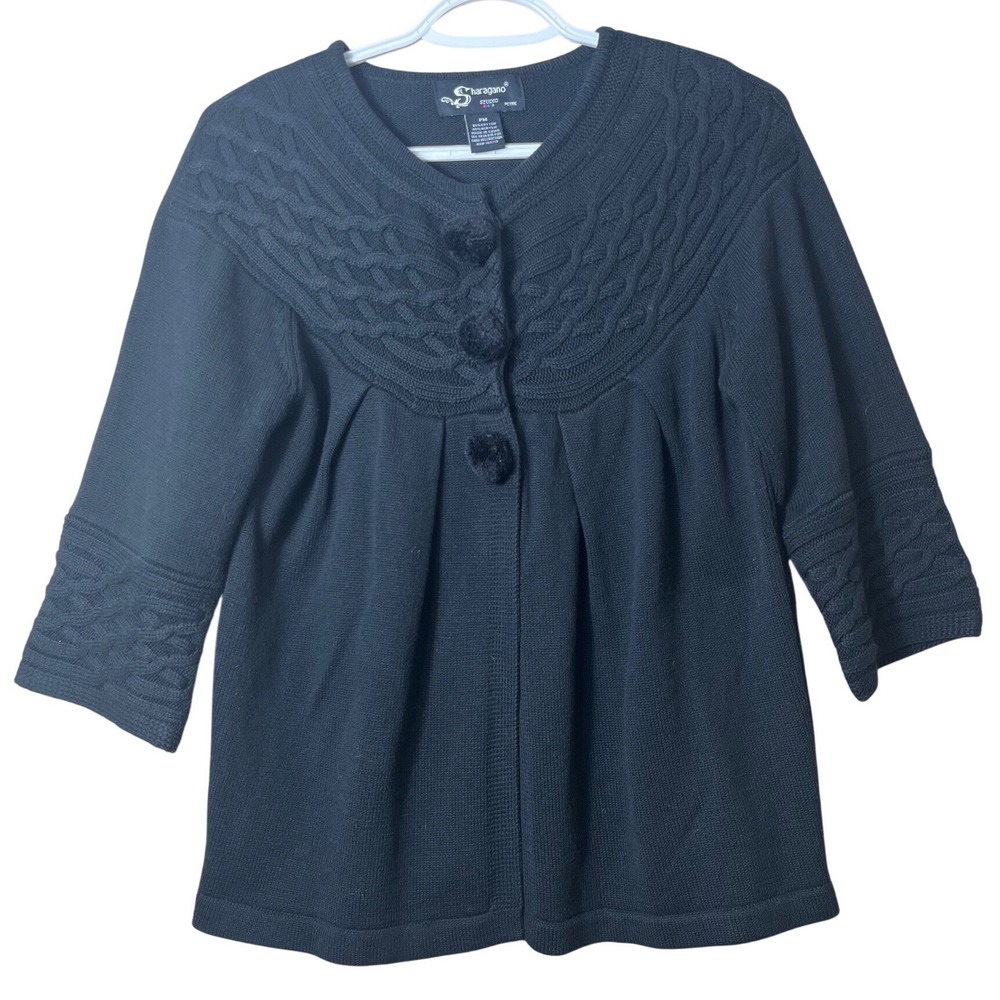 Sharagano Studio Black Cable Knit Pom Pom Button Cardigan Sweater Petite PM Goth